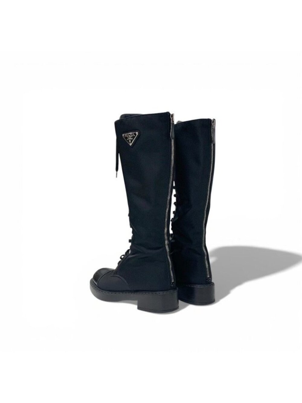 Prada Boots Long Shoes Nylon Brushed Leather Black Re-Nylon Triangle Logo - Picture 4 of 10